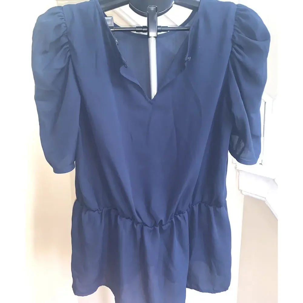 Banana Republic Short Sleeve Blouse Medium Navy Blue Puff Sleeve